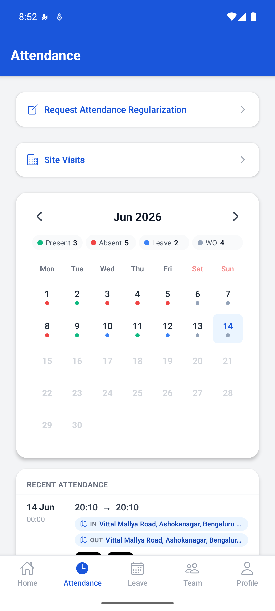 The Attendance tab, showing the month calendar and recent attendance