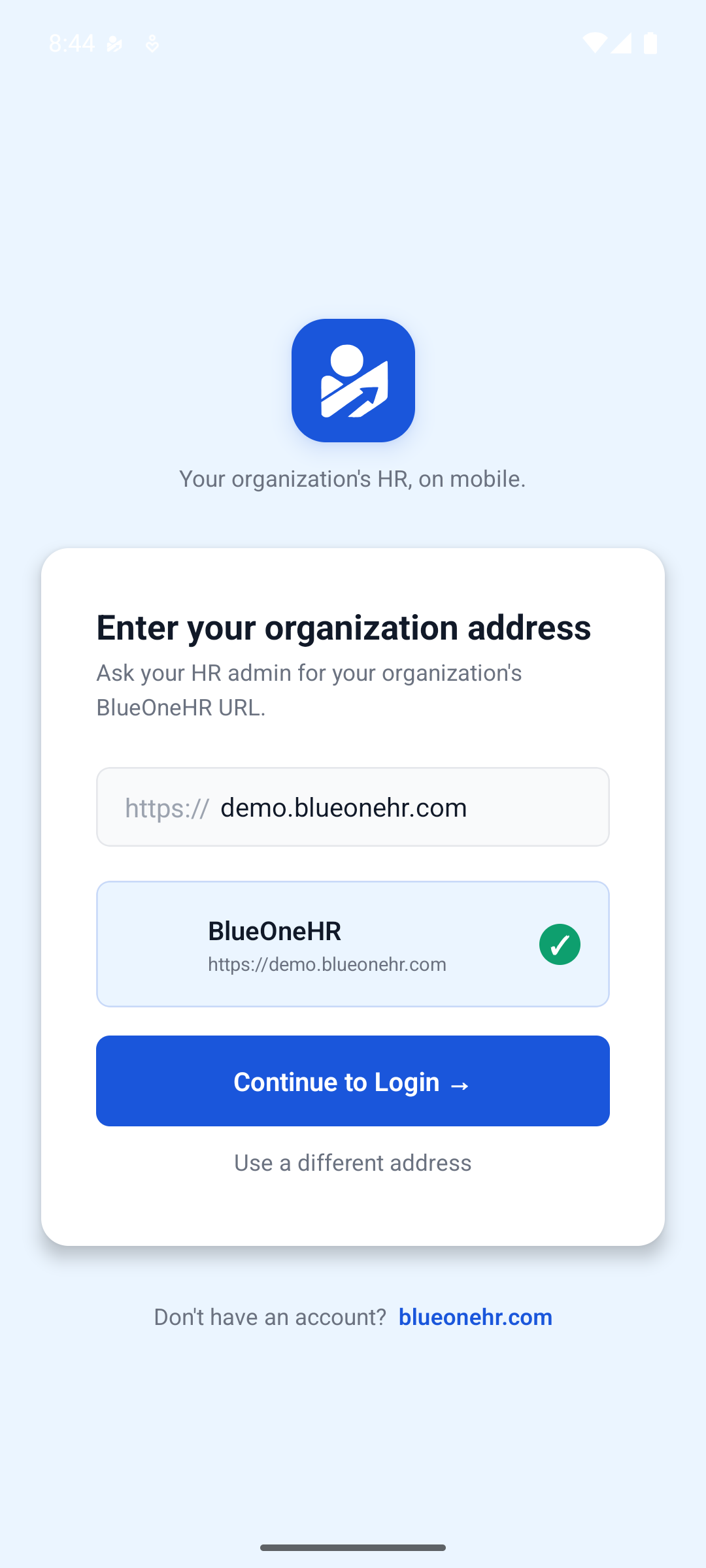 The organisation address screen, asking for your company's BlueOneHR address