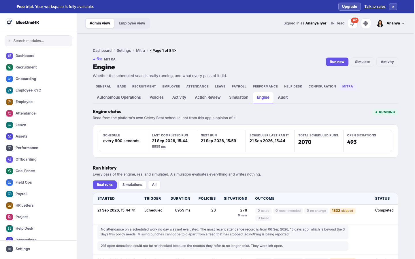 The Engine tab: engine status Running, the schedule, last and next run, and the run history table
