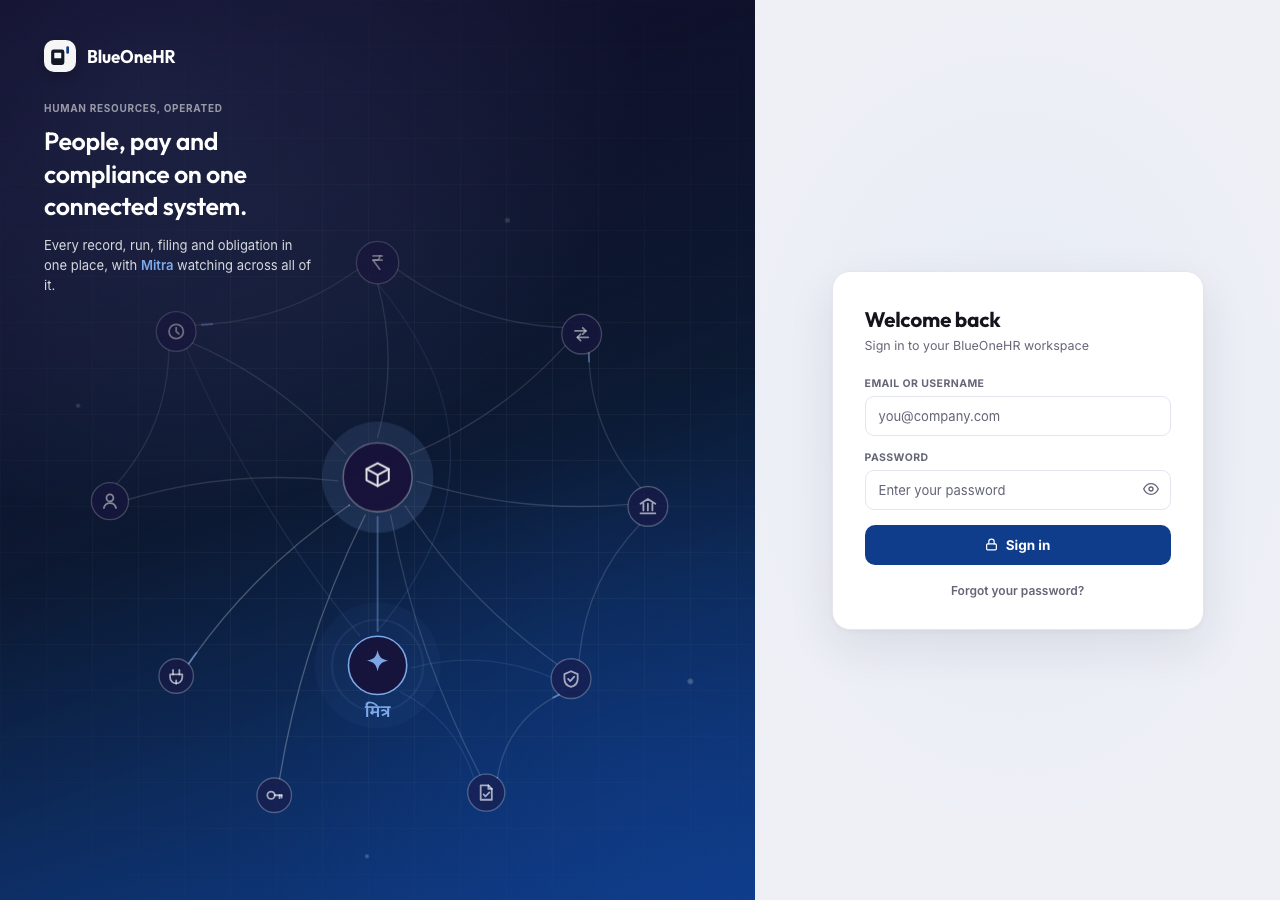 The sign-in screen: the "Welcome back" card with Email or username and Password fields, a Sign in button and a "Forgot your password?" link, beside a decorative BlueOneHR panel