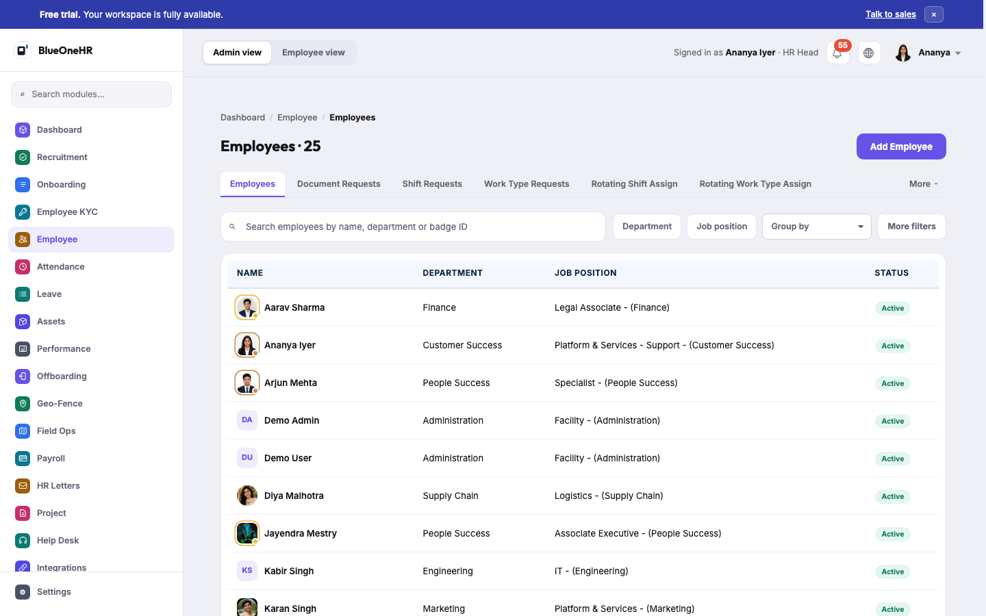 The Employees list, with search, Department/Job position filters, and the Document/Shift/Work Type Request tabs