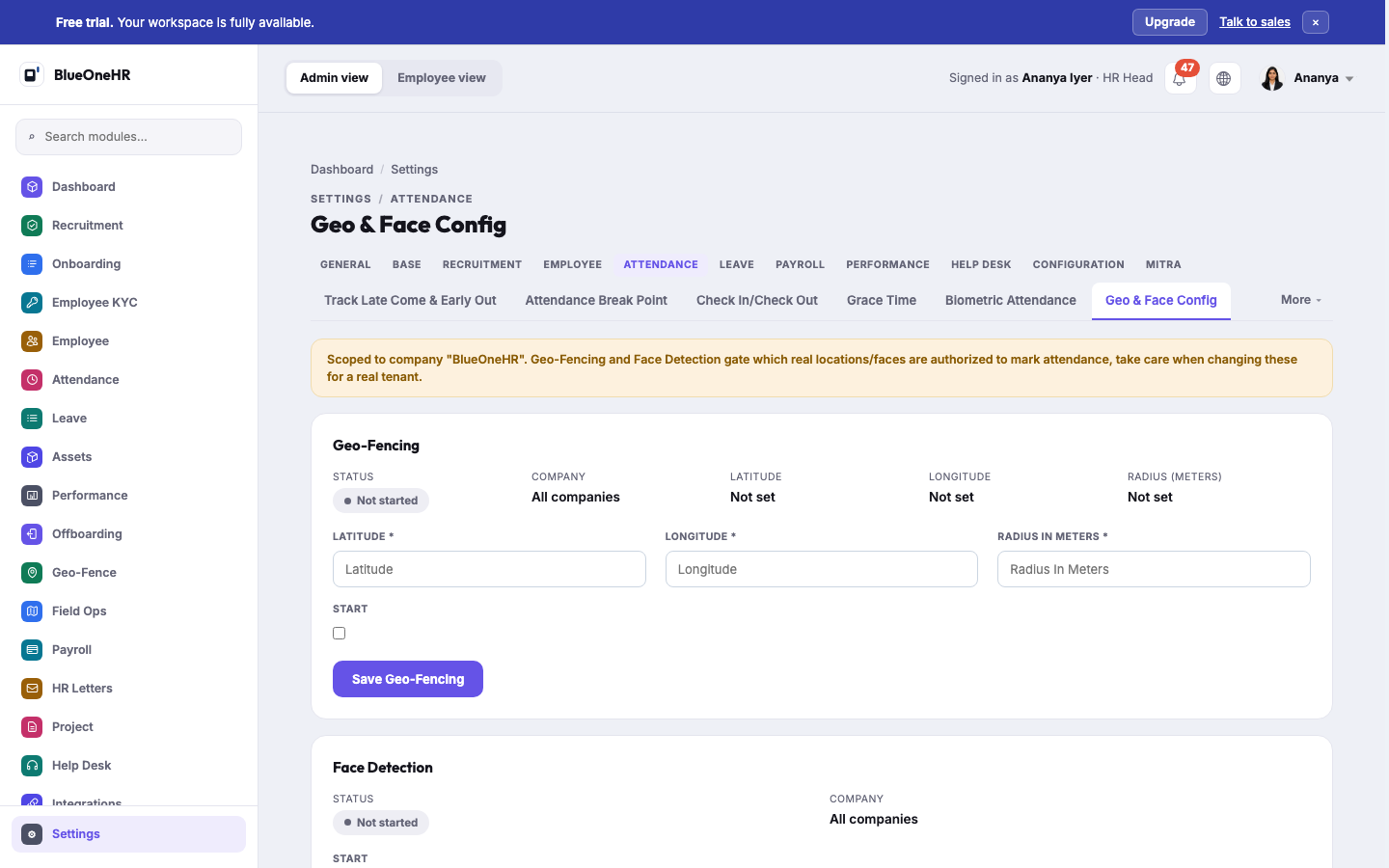 Geo & Face Config: a Geo-Fencing block with Not started status and latitude, longitude and radius fields, and a Face Detection block