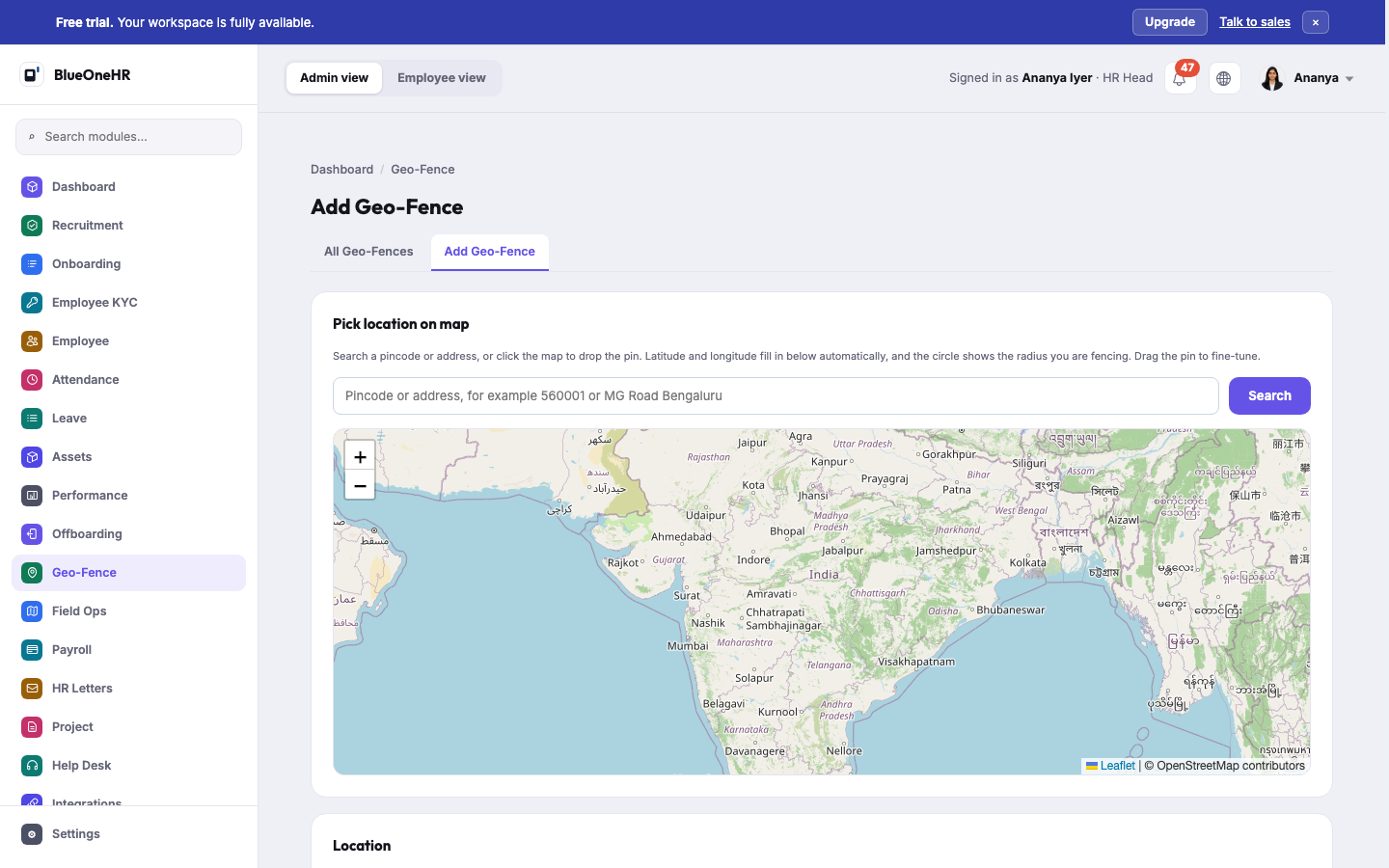 Add Geo-Fence: a Pick location on map panel with a pincode or address search box and a map of India