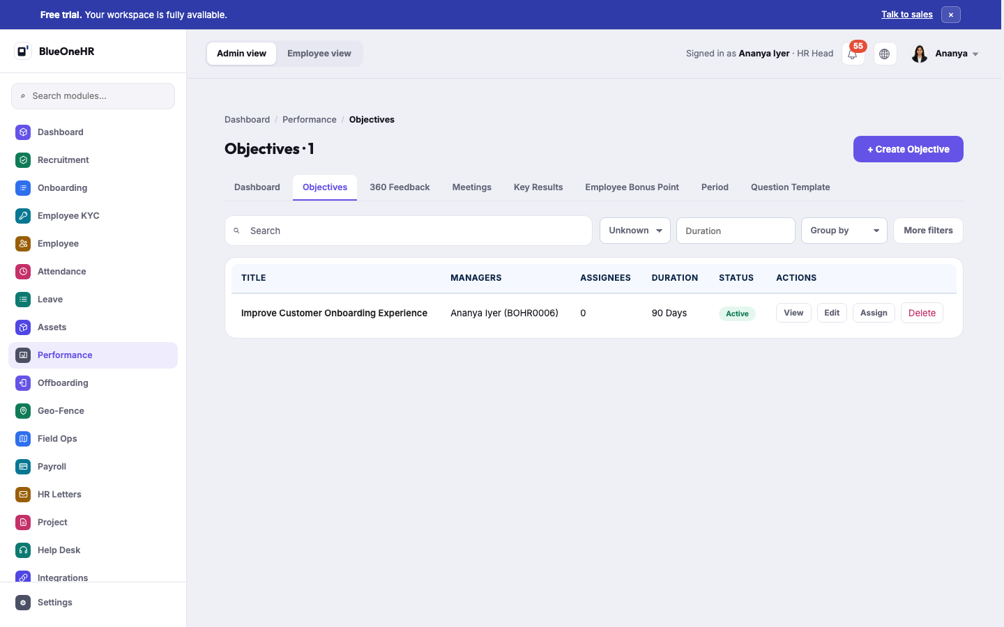 The Objectives list: one active goal, "Improve Customer Onboarding Experience", with its manager, assignee count and 90-day duration