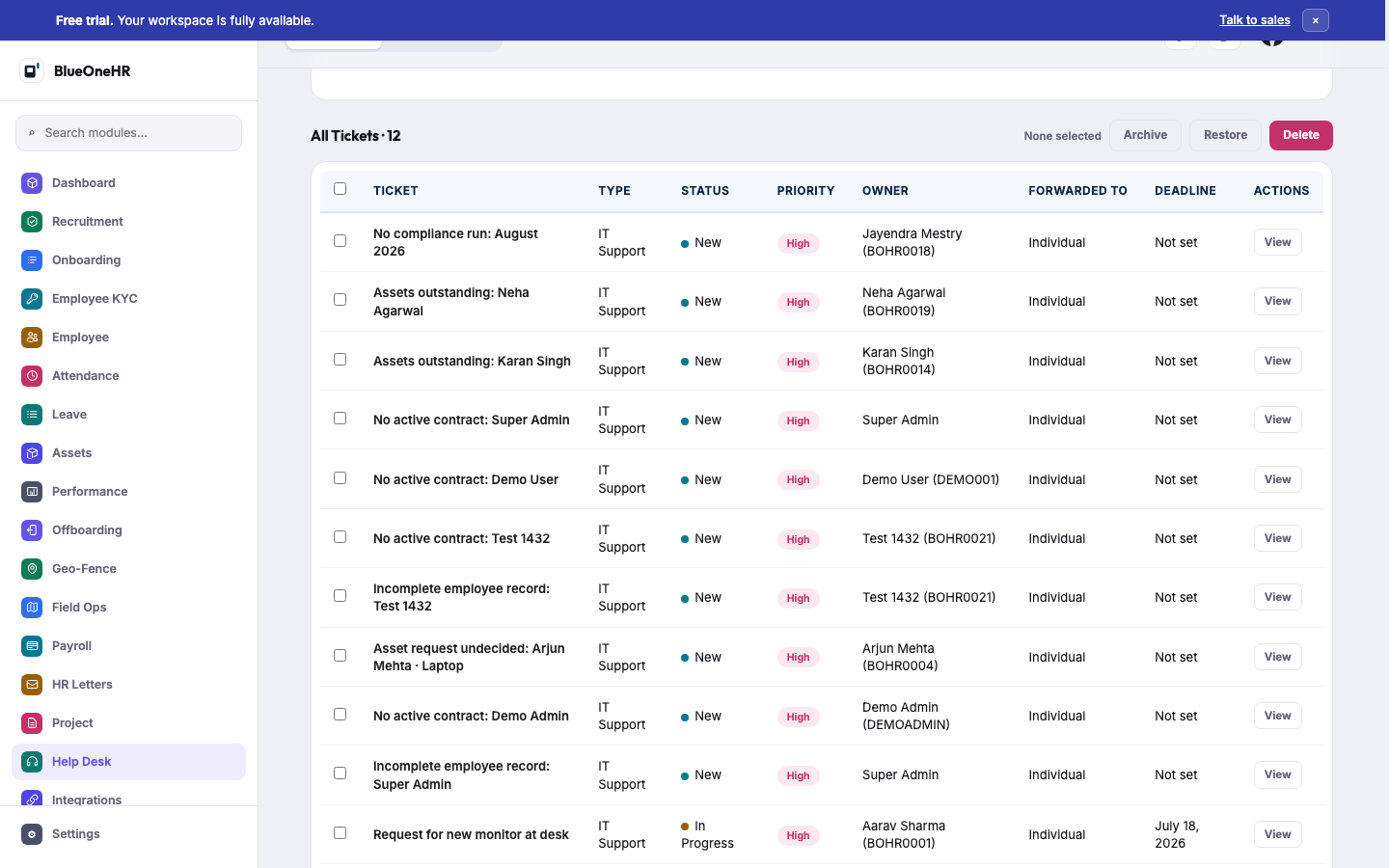 The All Tickets section, below My Tickets and Suggested Tickets: a table of every ticket with type, status, priority, owner, forwarded-to and deadline columns