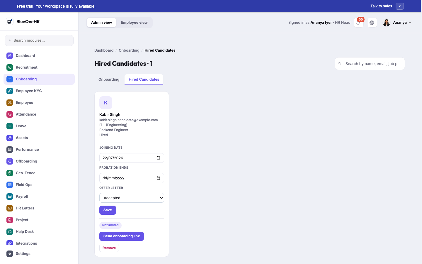 The Hired Candidates page: one candidate card showing joining date, probation end, offer-letter status, the "Not invited" badge and the Send onboarding link button