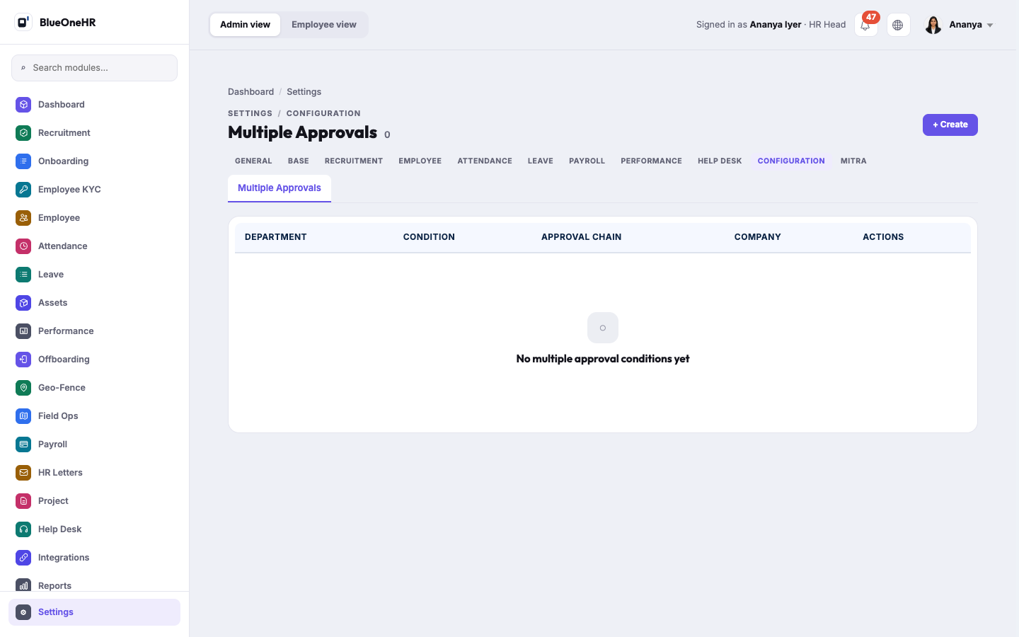 Settings → Configuration → Multiple Approvals with an empty conditions table and a Create button