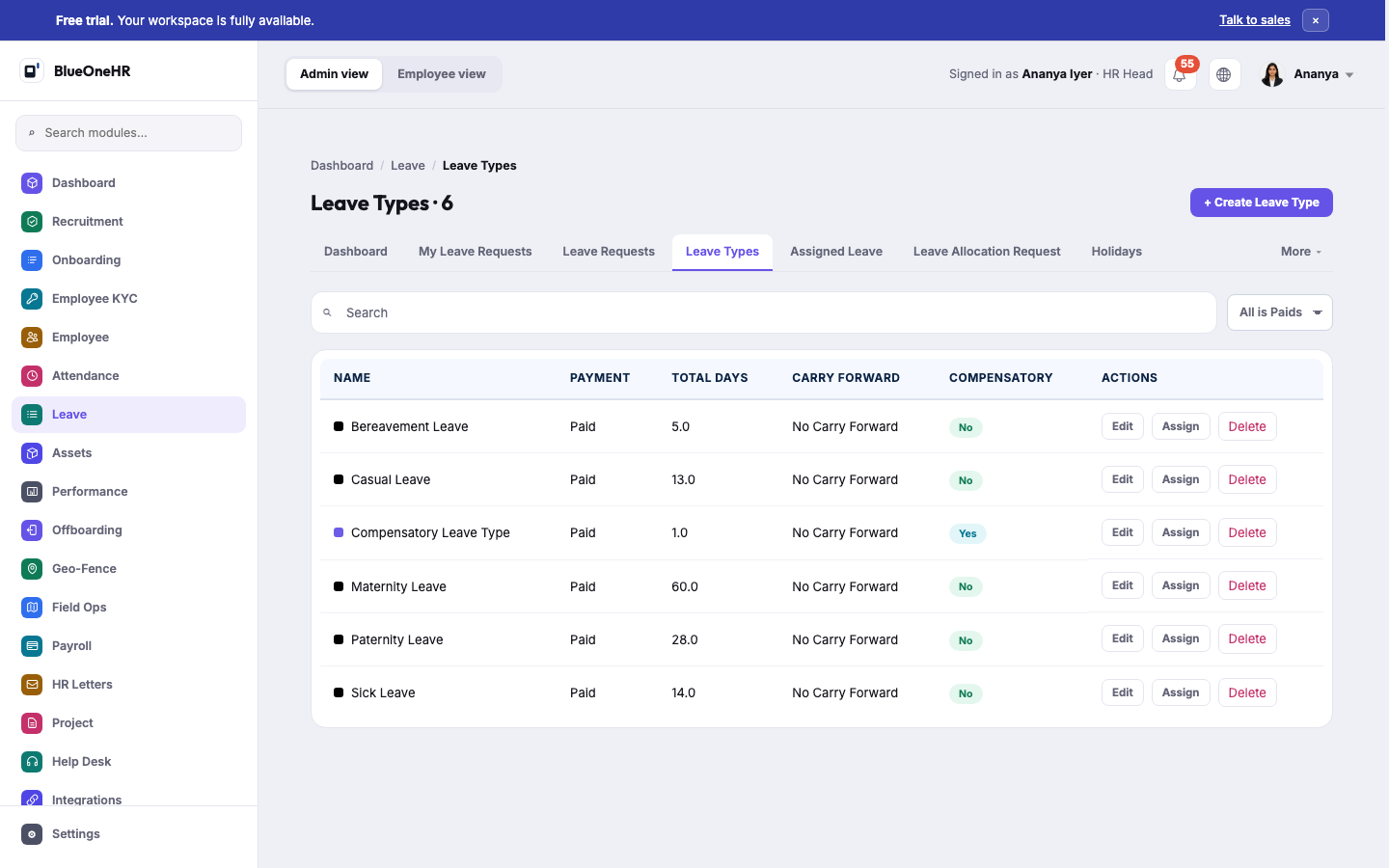 Leave Types: six configured types — Bereavement, Casual, Compensatory Leave Type, Maternity, Paternity, Sick — each with payment, total days, carry-forward and compensatory settings