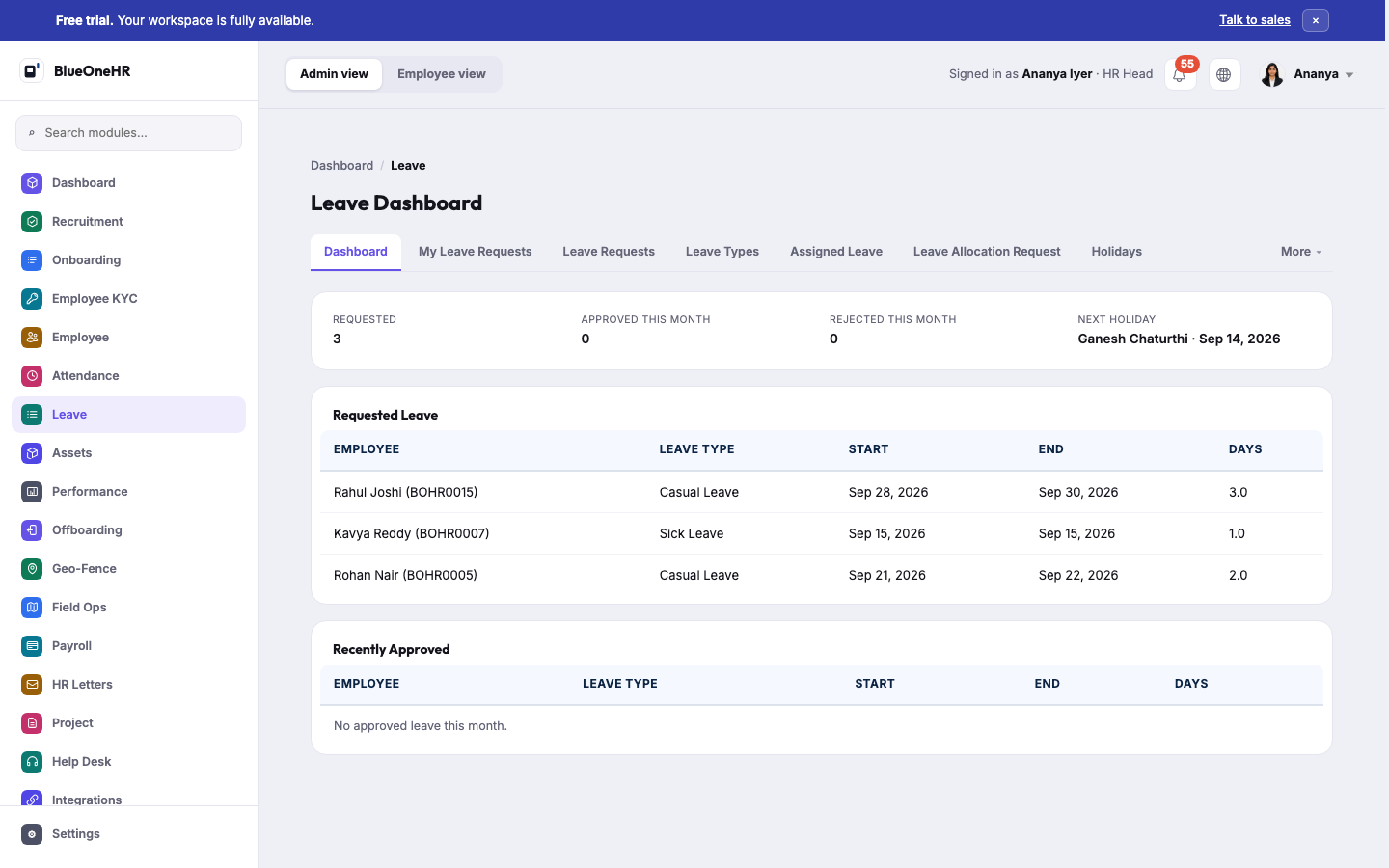 The Leave Dashboard, showing requested leave with employee, leave type, start/end dates and days, plus the next company holiday