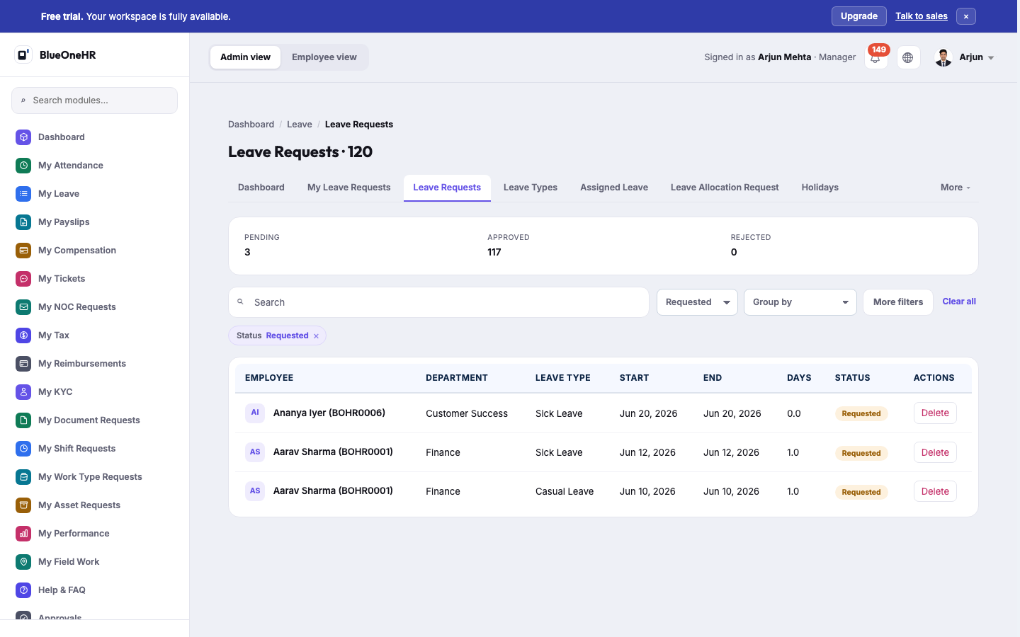 Leave Requests as a Manager sees it: the same list without Approve or Reject on the waiting requests