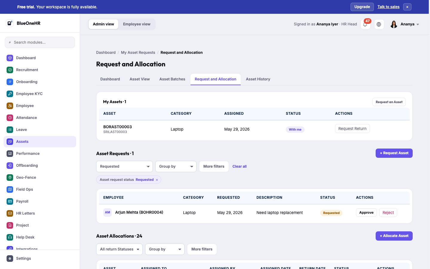 Request and Allocation, filtered to Requested: My Assets with Request Return, Asset Requests with Approve and Reject, and the start of Asset Allocations