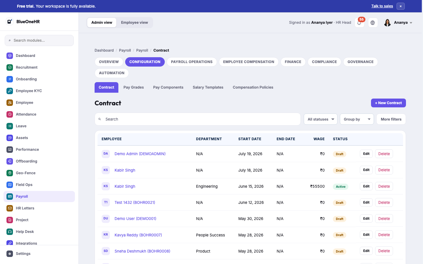 The Contract list under Payroll → Configuration, showing employees in Draft and Active status with their wage and start date