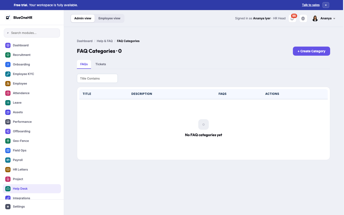 FAQ Categories: empty on this workspace, with a Create Category action and a separate Tickets tab alongside FAQs