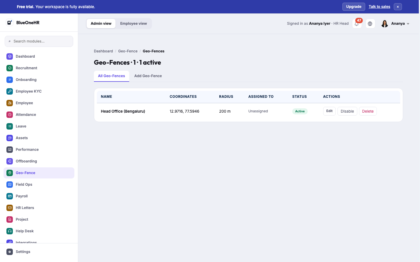 All Geo-Fences: one fence, Head Office (Bengaluru), with its coordinates, a 200 m radius, Unassigned, Active, and Edit, Disable and Delete buttons