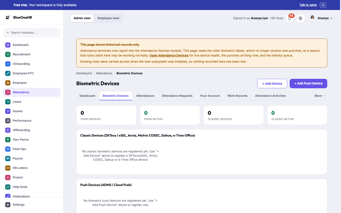 The legacy Biometric Devices page: the "historical records only" banner above the breadcrumb, four device counters all showing 0, and the Classic and Push device sections, both empty