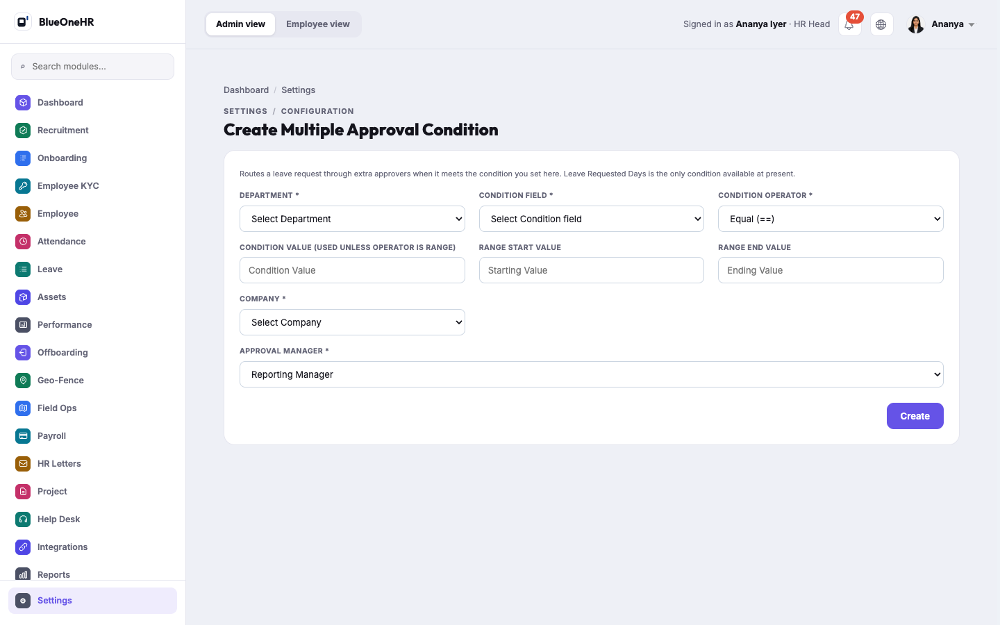 The Create Multiple Approval Condition form with its empty fields and the Create button