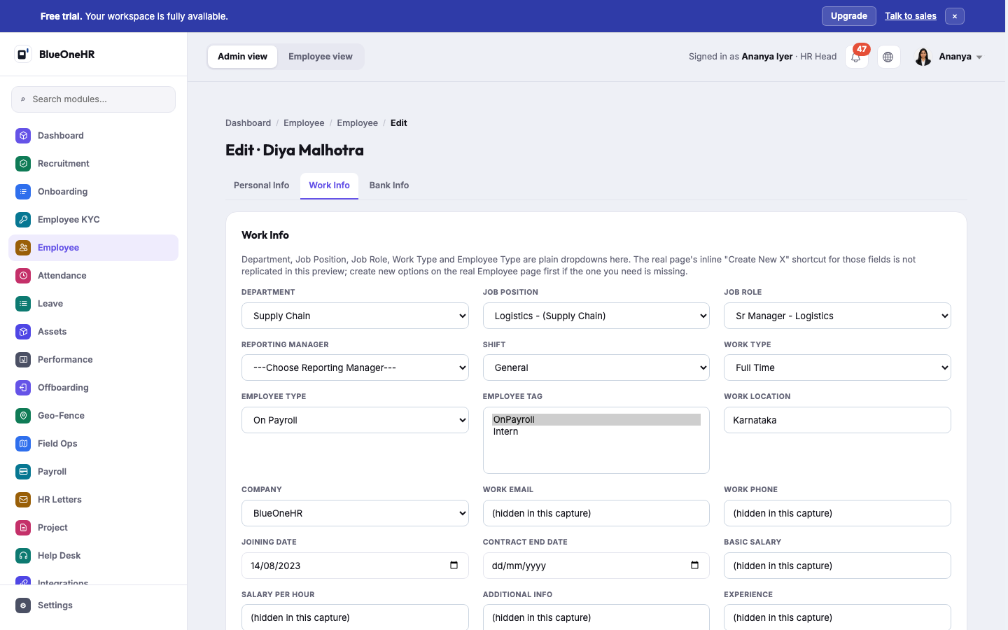 The Edit page, Work Info tab: department, job position, job role, reporting manager, shift, work type, employee type, employee tag, work location, company and work contact fields