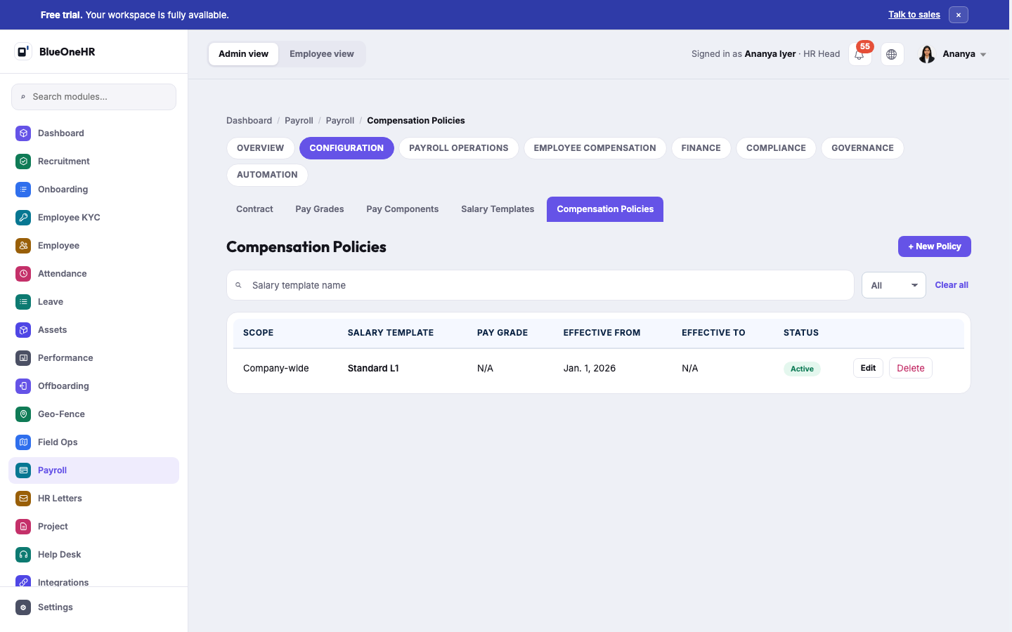 Compensation Policies: one Company-wide policy applying the Standard L1 template from 1 January 2026, no end date, Active