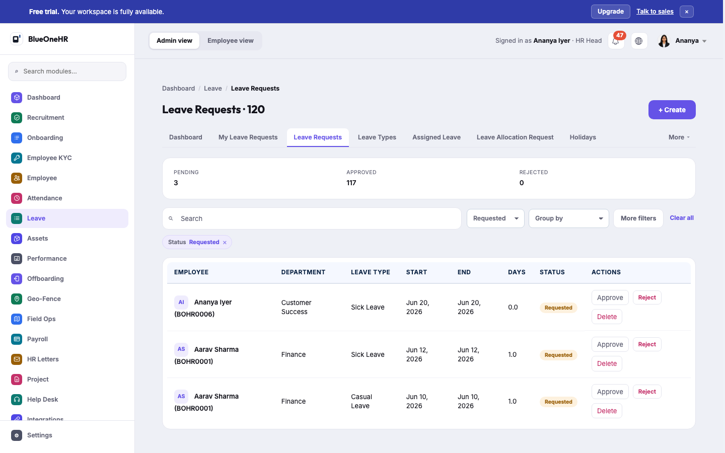 Leave Requests filtered to Requested: three pending requests, each with Approve, Reject and Delete