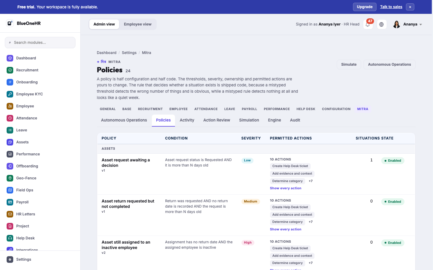 The Policies tab: a table of policies grouped by scope, each with its condition, severity, permitted actions, number of situations and state