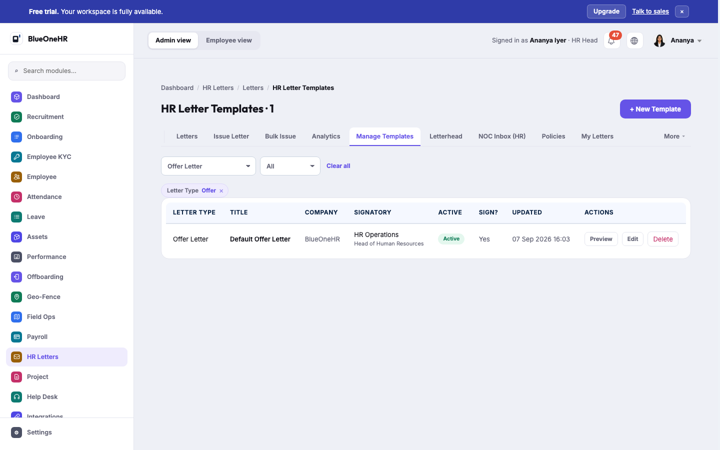 Manage Templates, filtered to Offer Letter: the template's letter type, title, company, signatory, active state, whether signing is required, and Preview, Edit and Delete