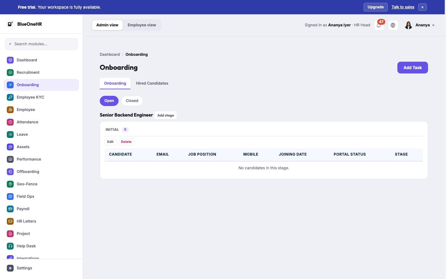 The Onboarding tab: one recruitment, Senior Backend Engineer, with an Add stage button and a single Initial stage column that has no candidates