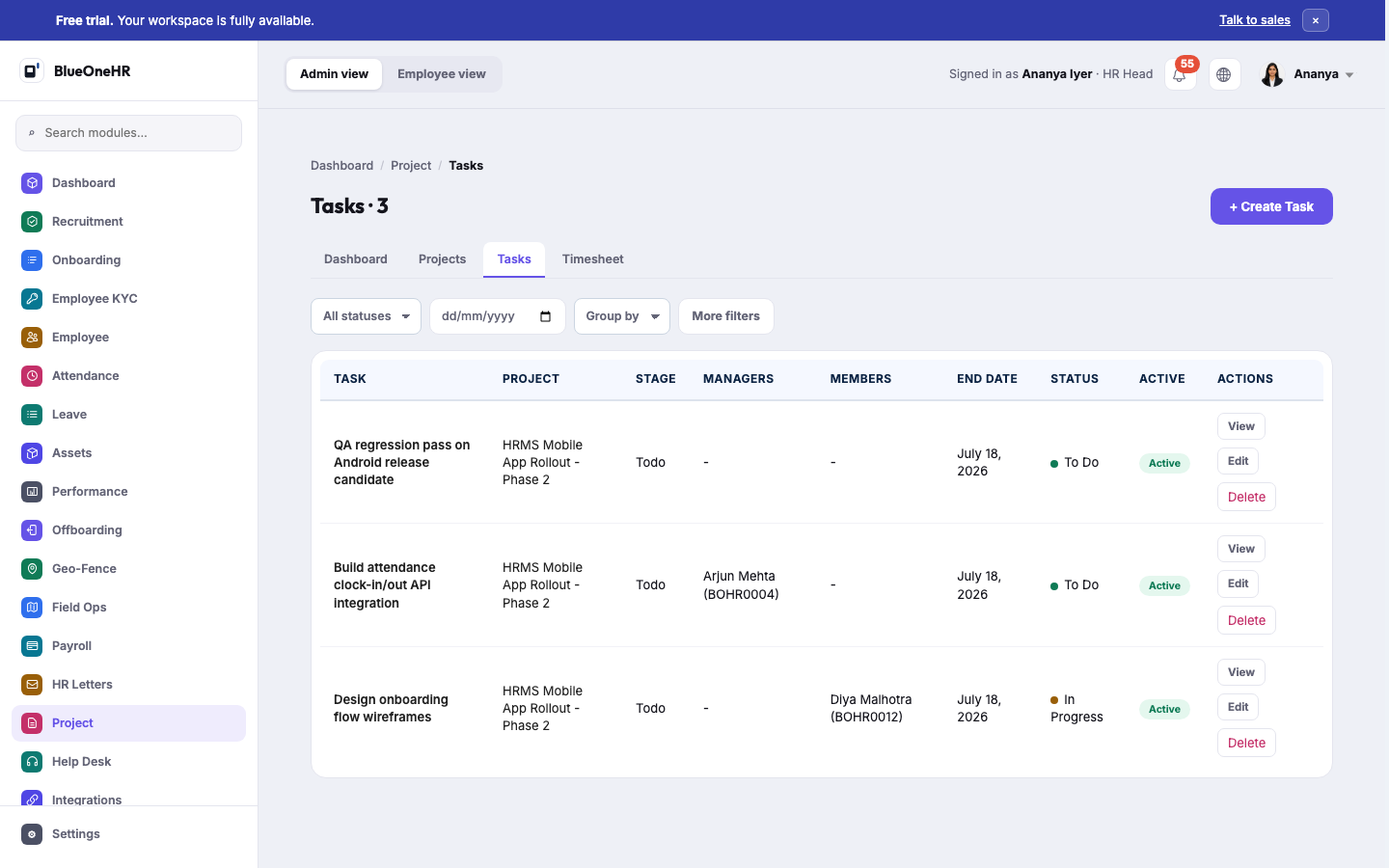 The Tasks list: three real tasks under that project, each with a stage, managers/members and status