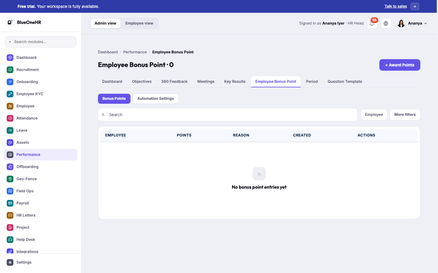 Employee Bonus Point: an empty points ledger with Employee / Points / Reason / Created columns, and separate "Bonus Points" and "Automation Settings" tabs