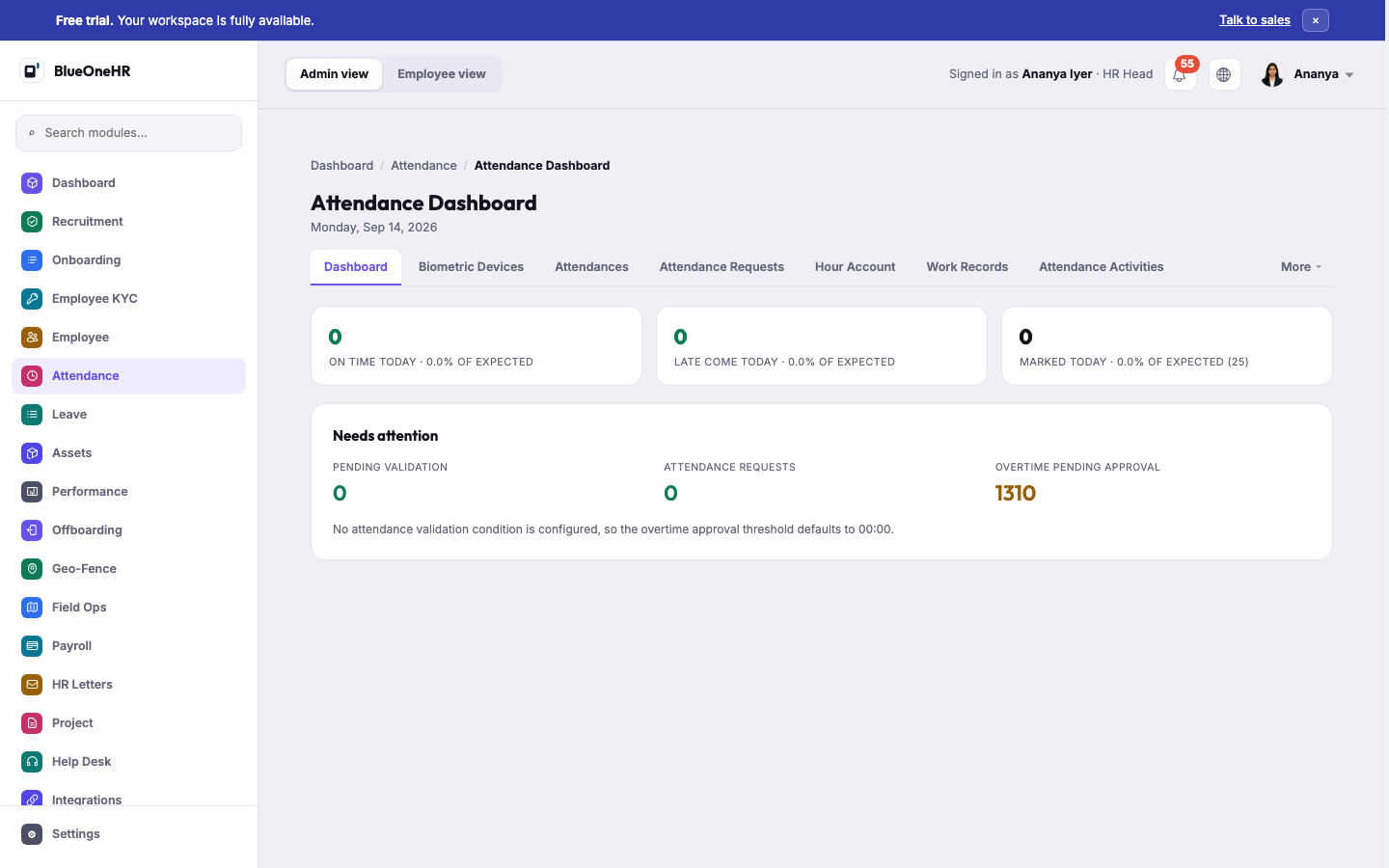 The Attendance Dashboard: On Time / Late Come / Marked Today tiles, and a Needs Attention panel for Pending Validation, Attendance Requests and Overtime Pending Approval