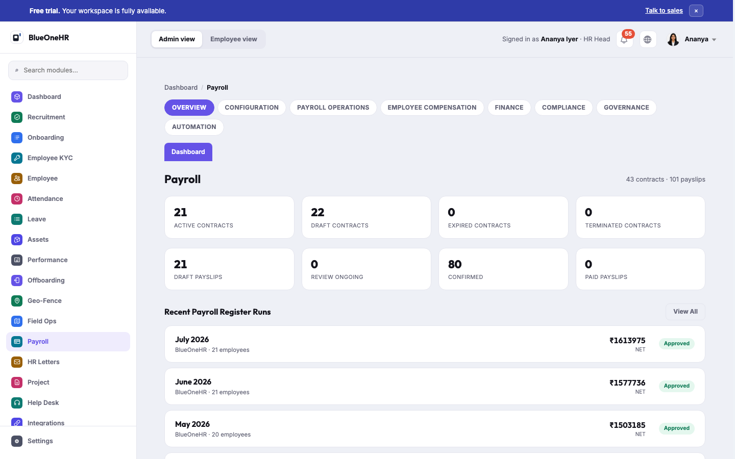 The Payroll overview dashboard: 43 contracts, 101 payslips, contract/payslip status tiles, and recent payroll register runs from April through July 2026