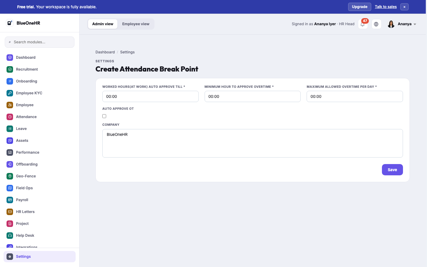 The Create Attendance Break Point form: three time fields, an Auto approve OT checkbox and a Company list