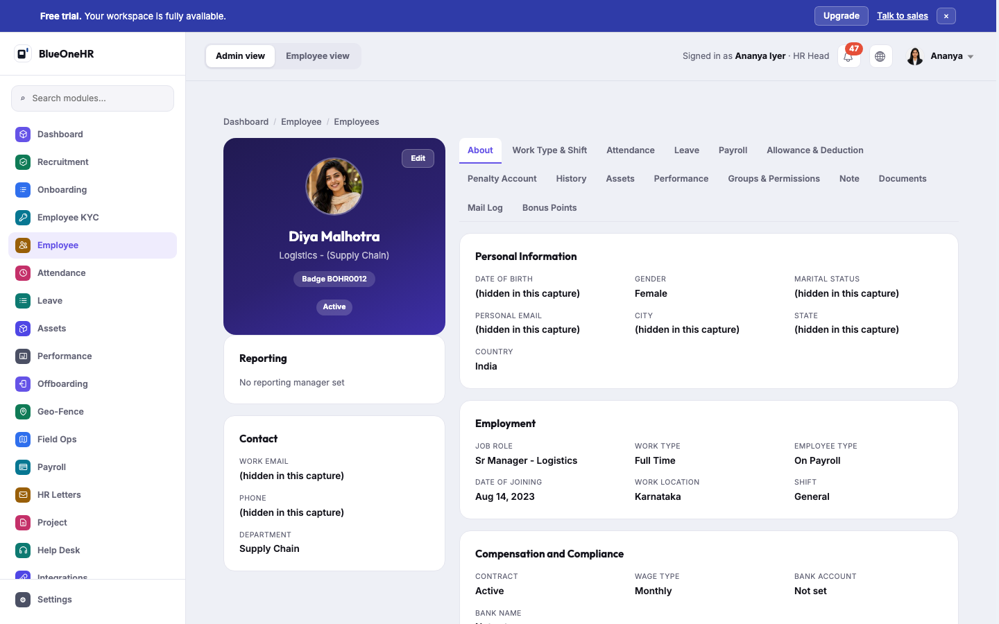 An employee profile, About tab: a header card with the name, position, badge and Active status, Reporting and Contact cards, and the Personal Information, Employment and Compensation and Compliance sections