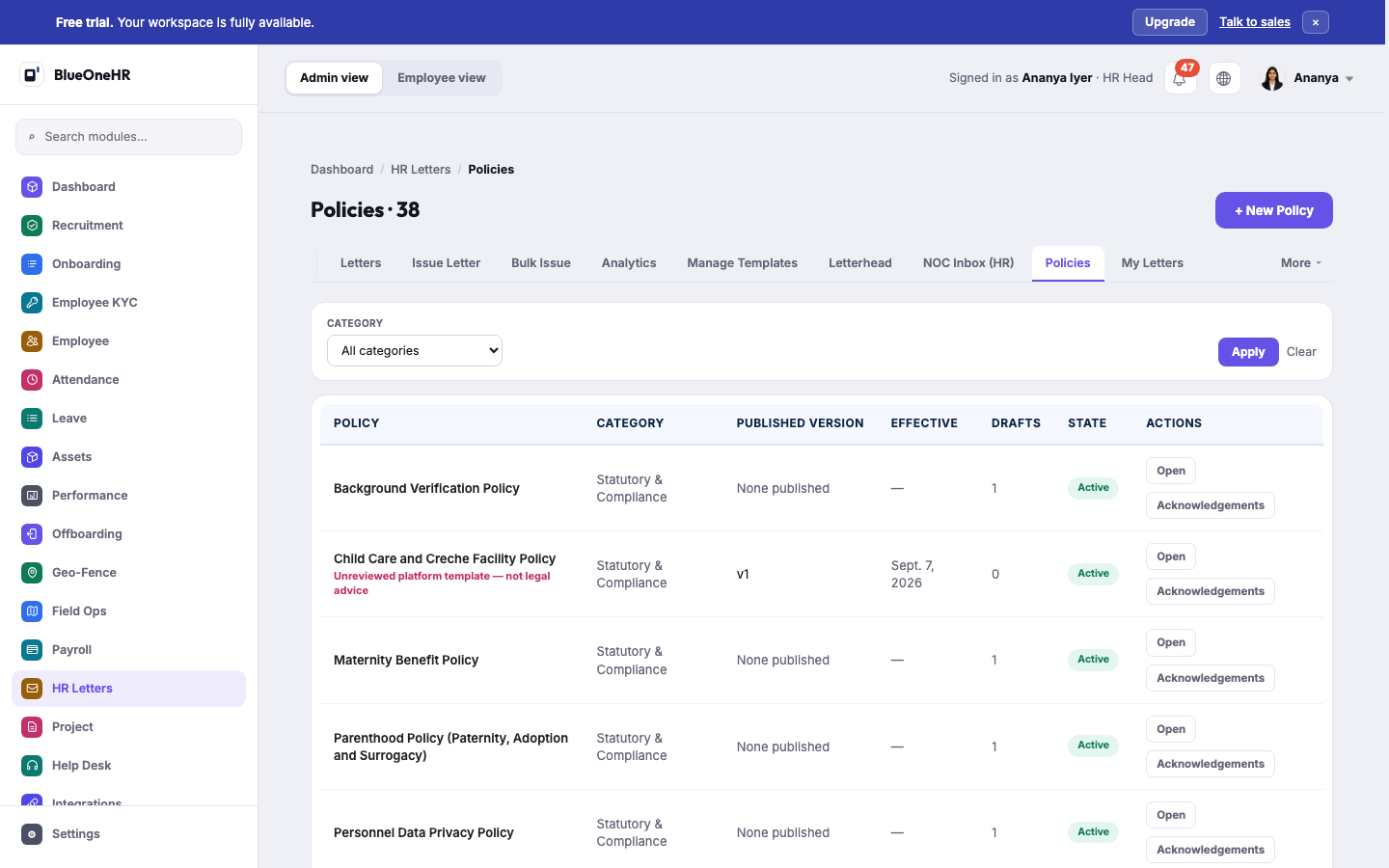 Policies: 38 policies listed with category, published version, effective date, drafts and state, and Open and Acknowledgements buttons