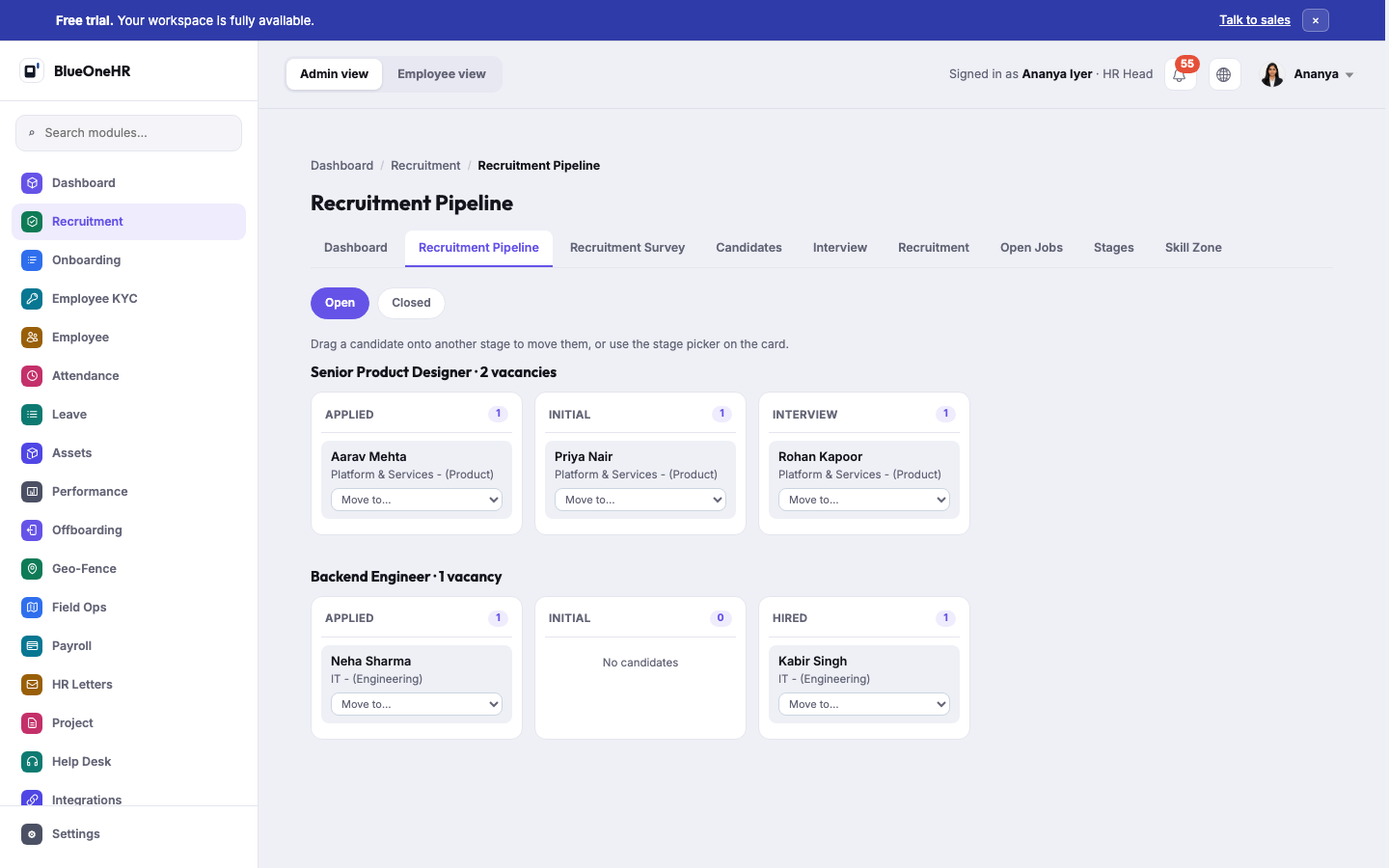The Recruitment Pipeline: two vacancies, each broken into Applied / Initial / Interview / Hired columns with real candidate cards and a Move to… control
