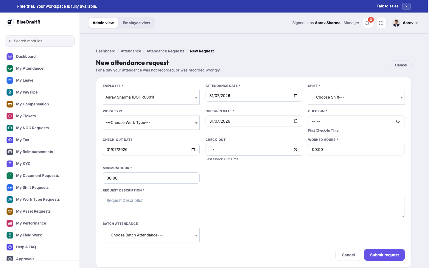 New attendance request form: Employee, Attendance Date, Shift, Work Type, Check-in/Check-out date and time, Worked Hours, Minimum Hour, Request Description, and Batch Attendance