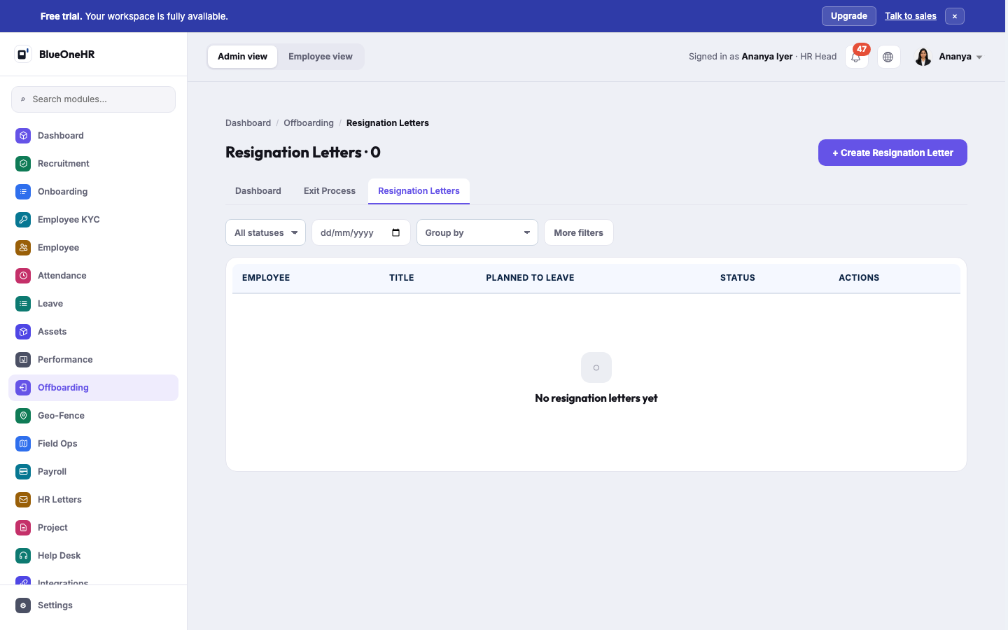 Resignation Letters: a filter row with status, date and Group by, and an empty table with a Create Resignation Letter button