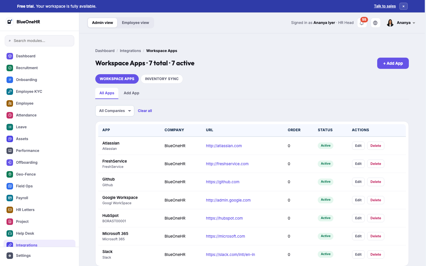 Workspace Apps list: each app with its company, URL, order and Active or Inactive status