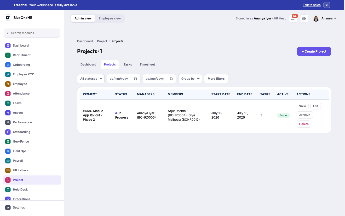 The Projects list: "HRMS Mobile App Rollout - Phase 2", In Progress, with its managers, members, dates and 3 tasks