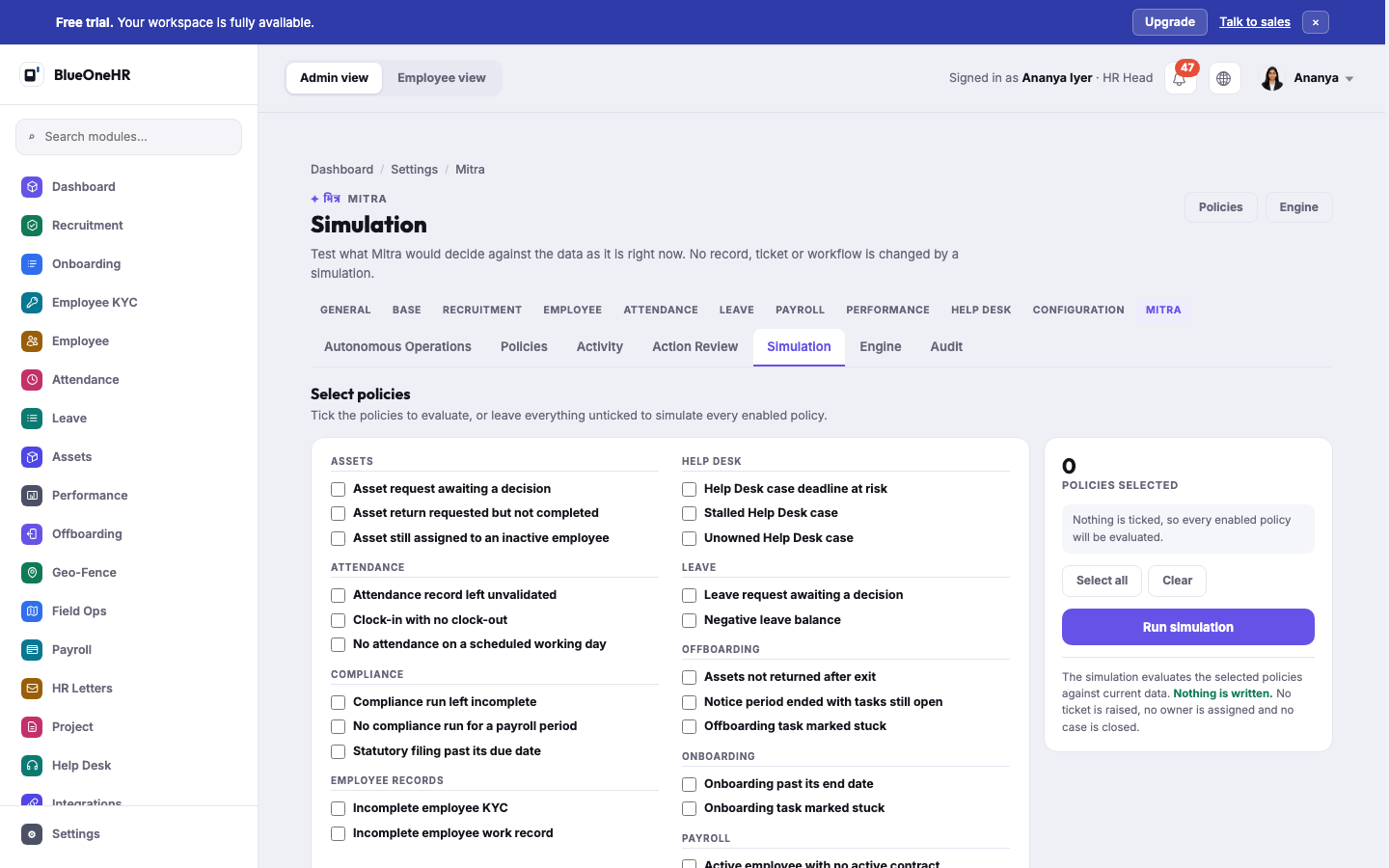 The Simulation tab: a checklist of policies grouped by scope and a Run simulation button, with the note that nothing is written