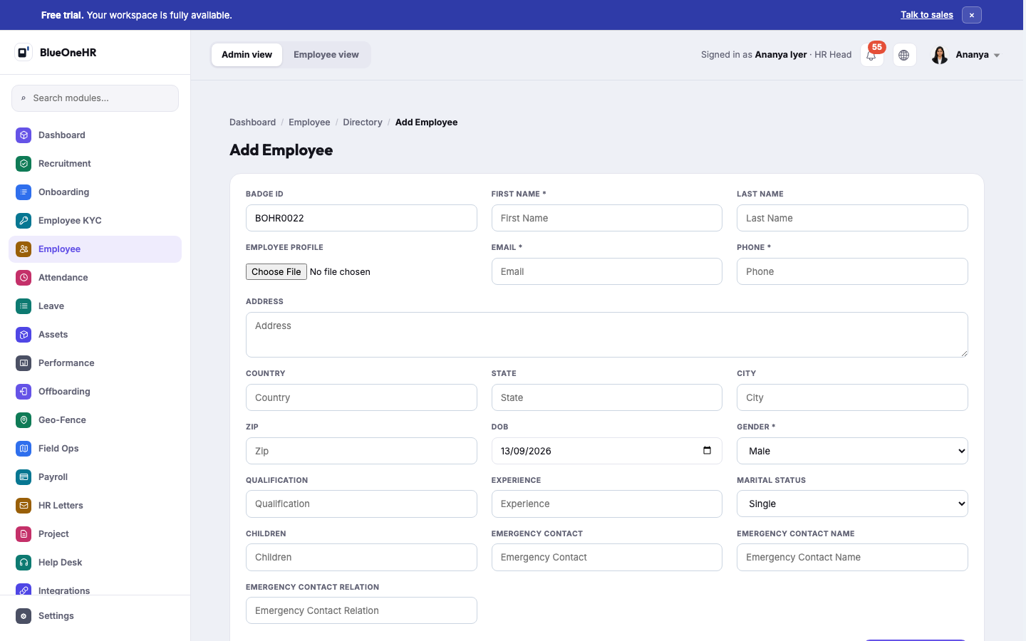 The Add Employee form, with Badge ID pre-filled and the fields described above