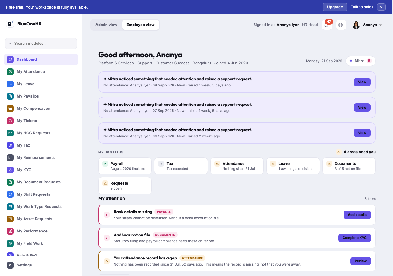 Employee view: the same person's personal summary with the My sidebar, and the Employee view button selected