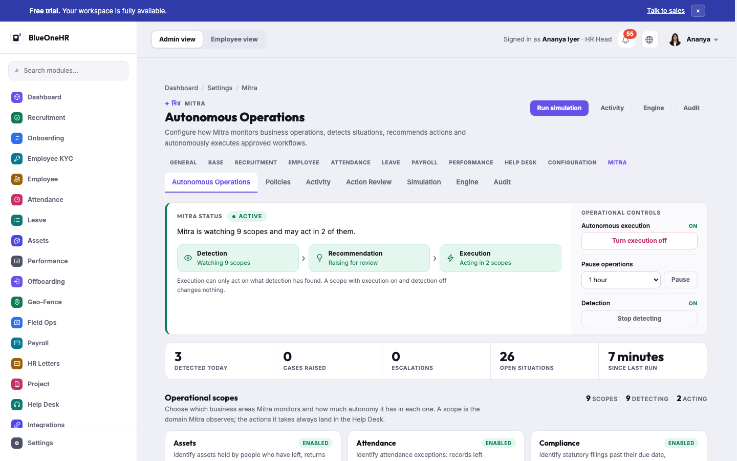 Settings → Mitra → Autonomous Operations: the Detection → Recommendation → Execution pipeline, Mitra status "watching 9 scopes and may act in 2 of them", and the Operational Controls panel
