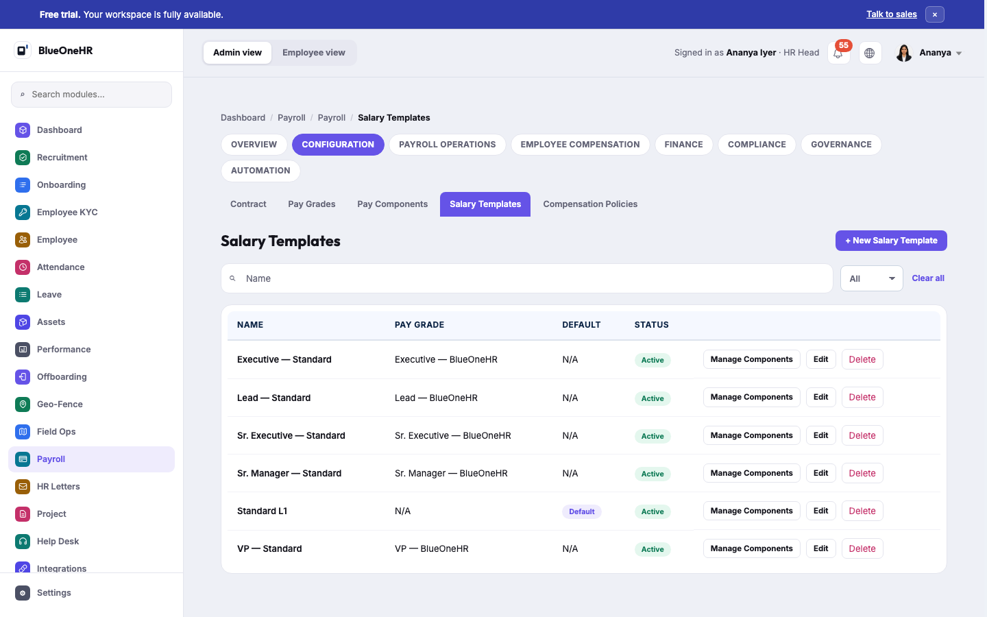The Salary Templates list: six templates, five tied to a matching Pay Grade and one — Standard L1 — marked Default with no grade