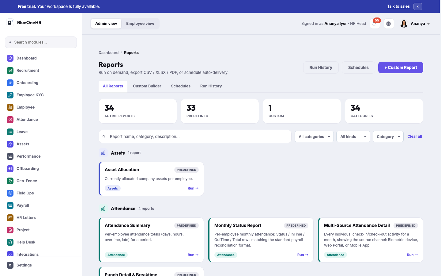 The Reports catalog: 34 active reports across 34 categories, search and filters, and per-report Run cards grouped by category