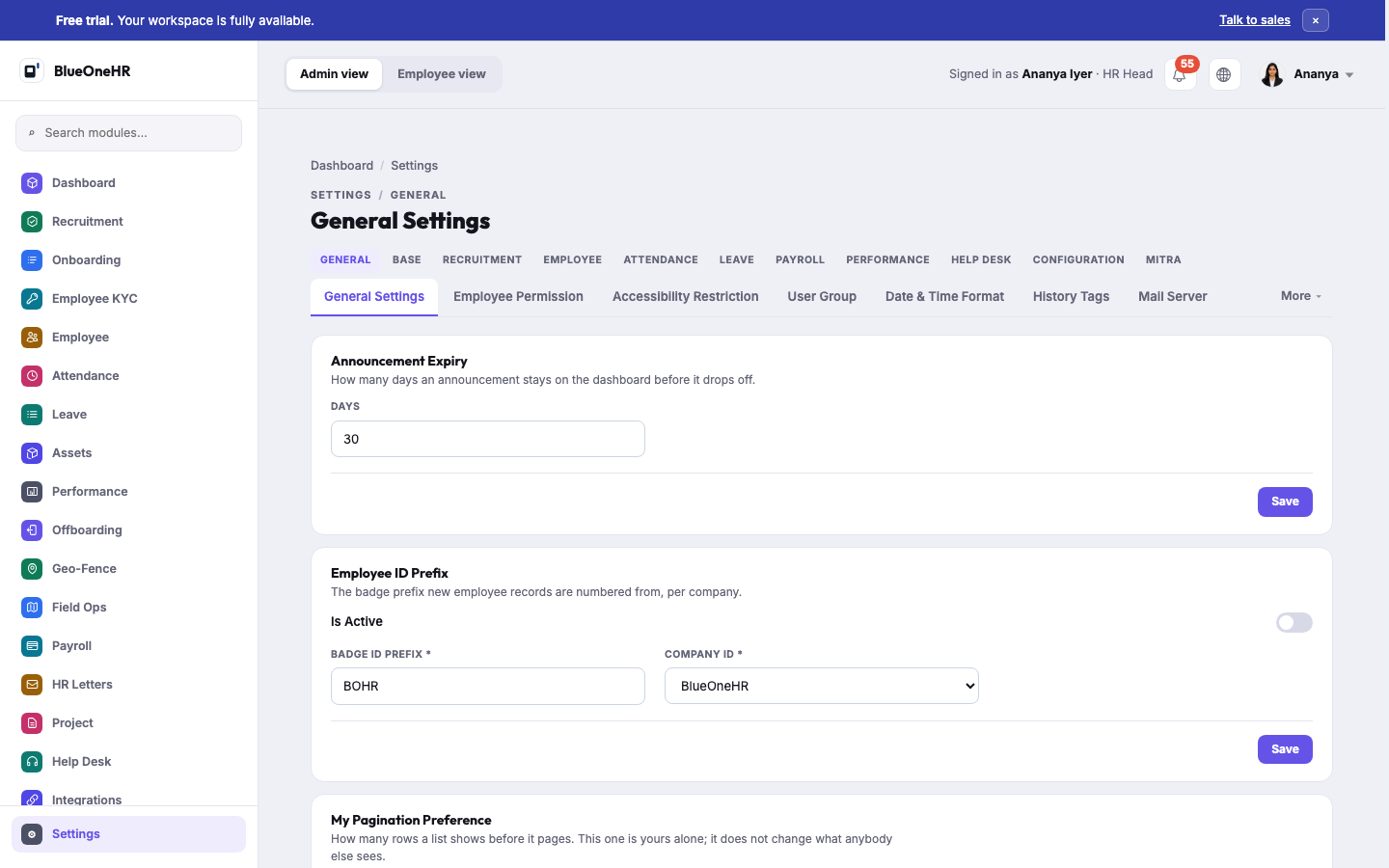 Settings → General → General Settings, showing Announcement Expiry, Employee ID Prefix and My Pagination Preference