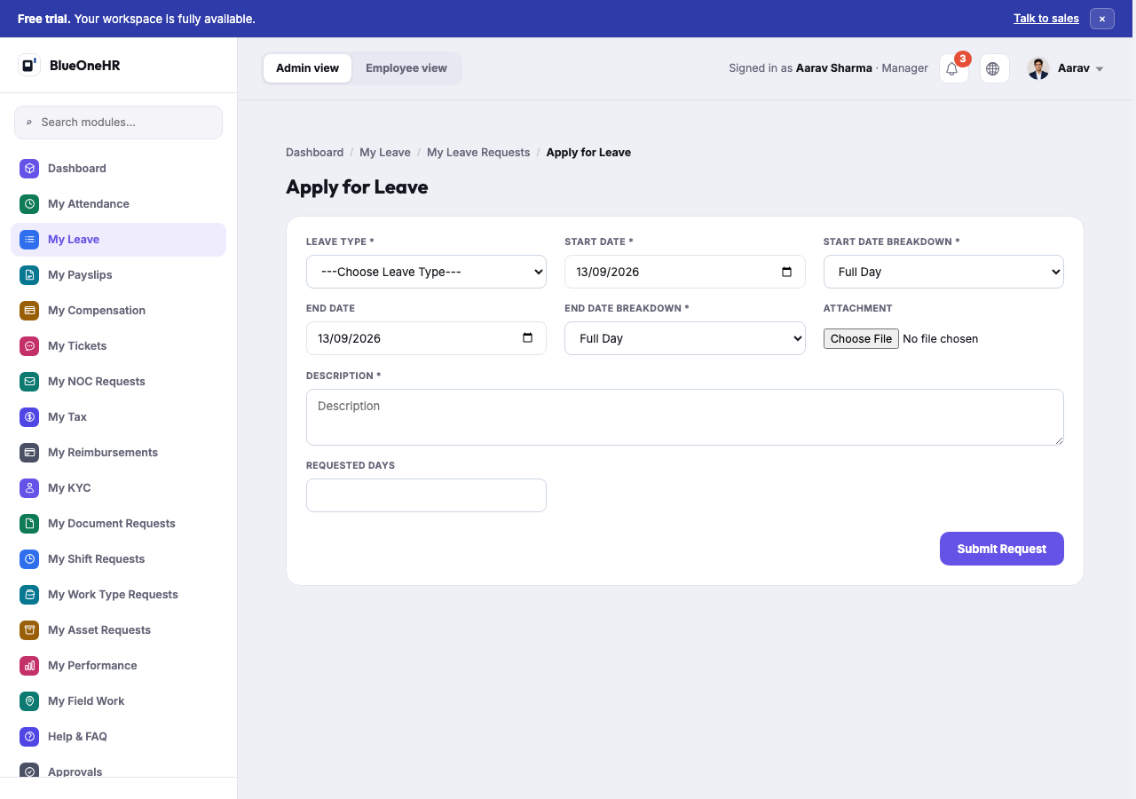 The Apply for Leave form, with Leave Type, Start/End Date and breakdown, Attachment, Description and Requested Days