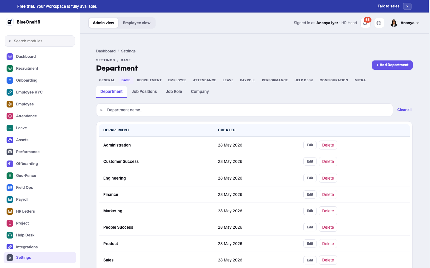 Settings → Base → Department, one of the Base configuration tabs alongside Job Positions, Job Role and Company