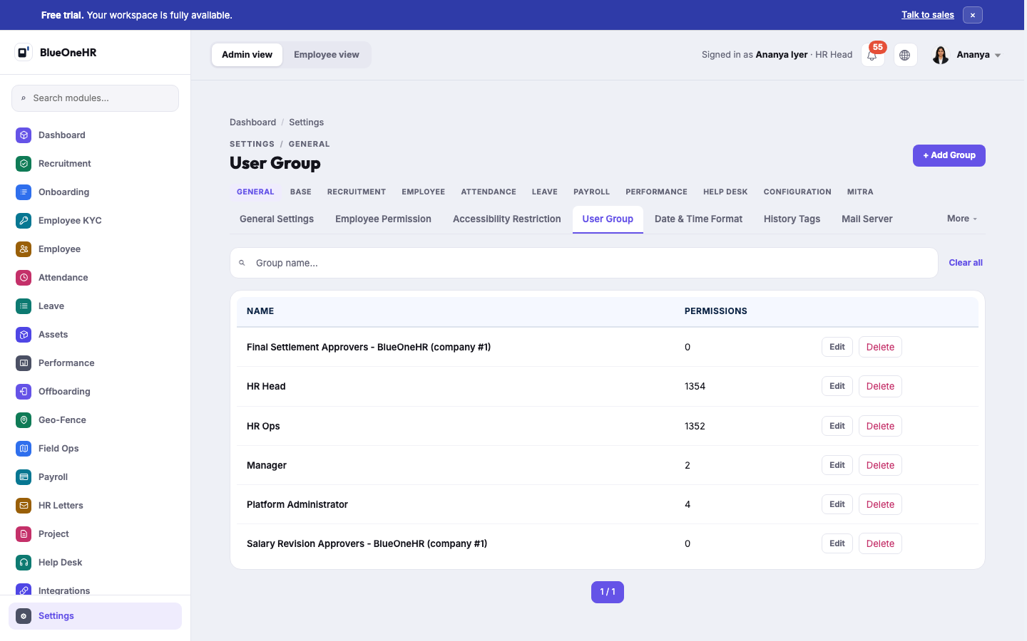 Settings → General → User Group, listing the configured groups and their permission counts